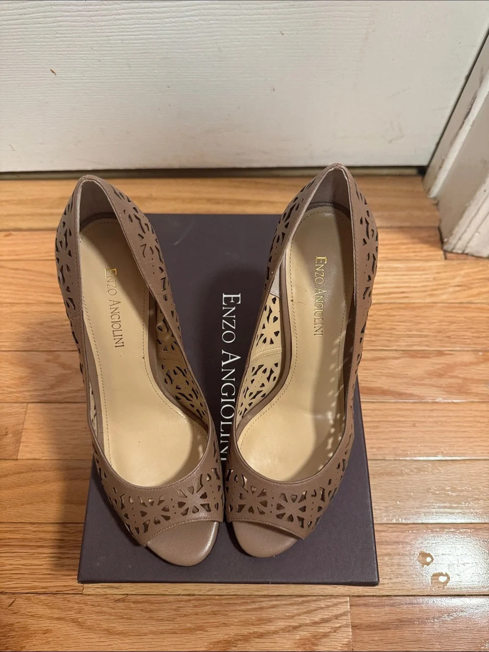 Enzo Angiolini Taupe Laser-Cut Peep-Toe Pumps - Picture 3 of 6